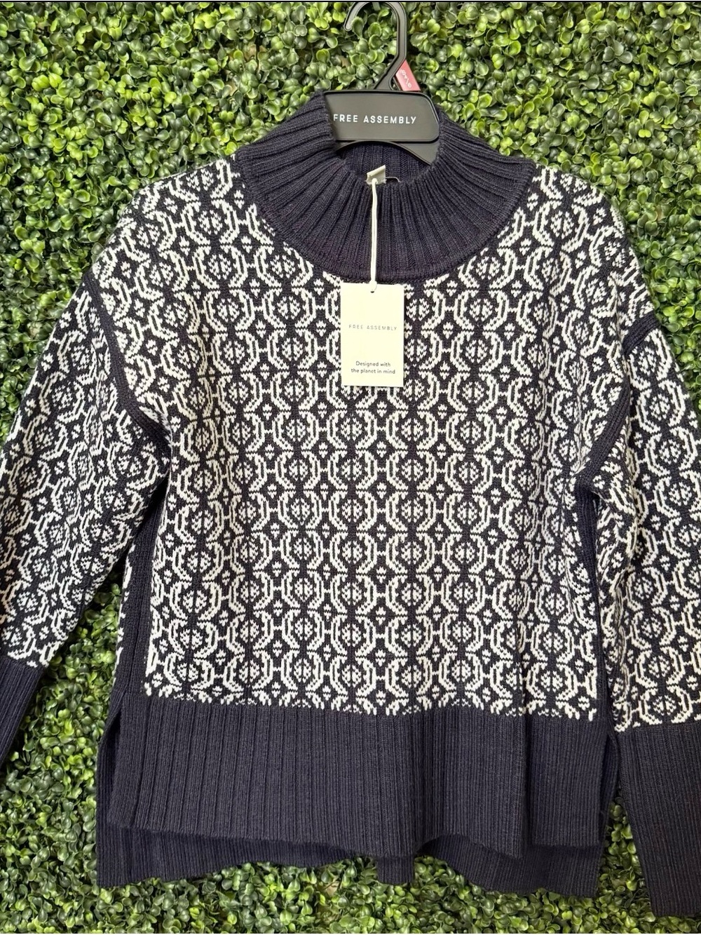 Free Assembly Navy & White Cowl-Neck Patterned Sweater